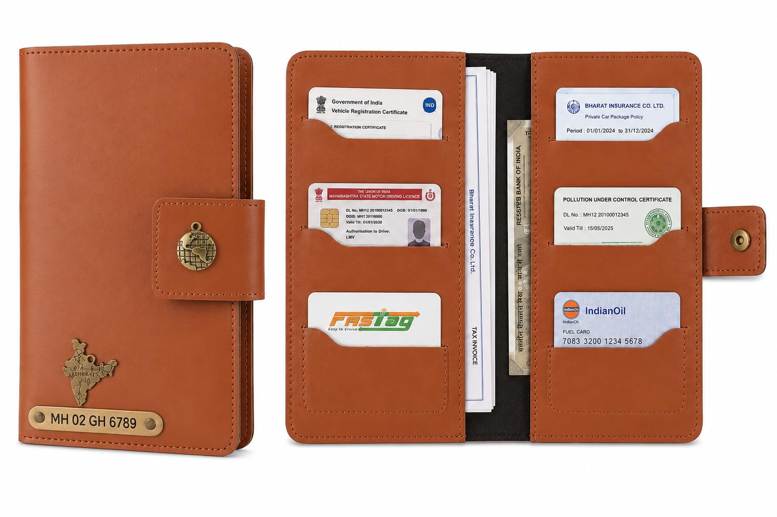 AICA Personalized Name & Charm Long Leather Car Document Holder with RC, Insurance Papers, Card Slots & Cash Compartment for Men & Women (Tanbrown)