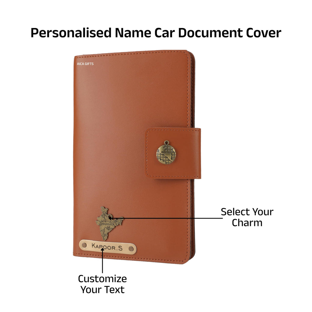 AICA Personalized Name & Charm Long Leather Car Document Holder with RC, Insurance Papers, Card Slots & Cash Compartment for Men & Women (Tanbrown)