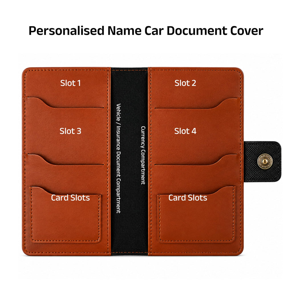 AICA Personalized Name & Charm Long Leather Car Document Holder with RC, Insurance Papers, Card Slots & Cash Compartment for Men & Women (Tanbrown)