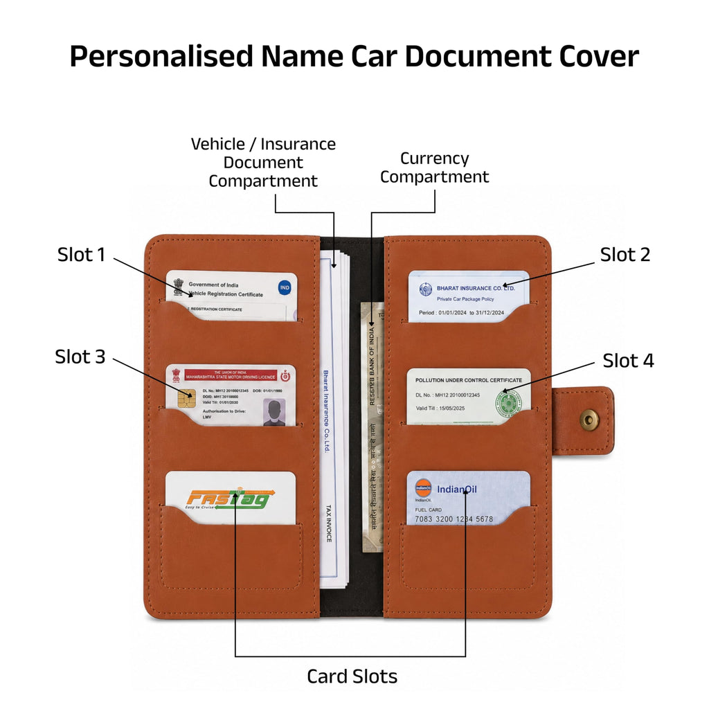 AICA Personalized Name & Charm Long Leather Car Document Holder with RC, Insurance Papers, Card Slots & Cash Compartment for Men & Women (Tanbrown)