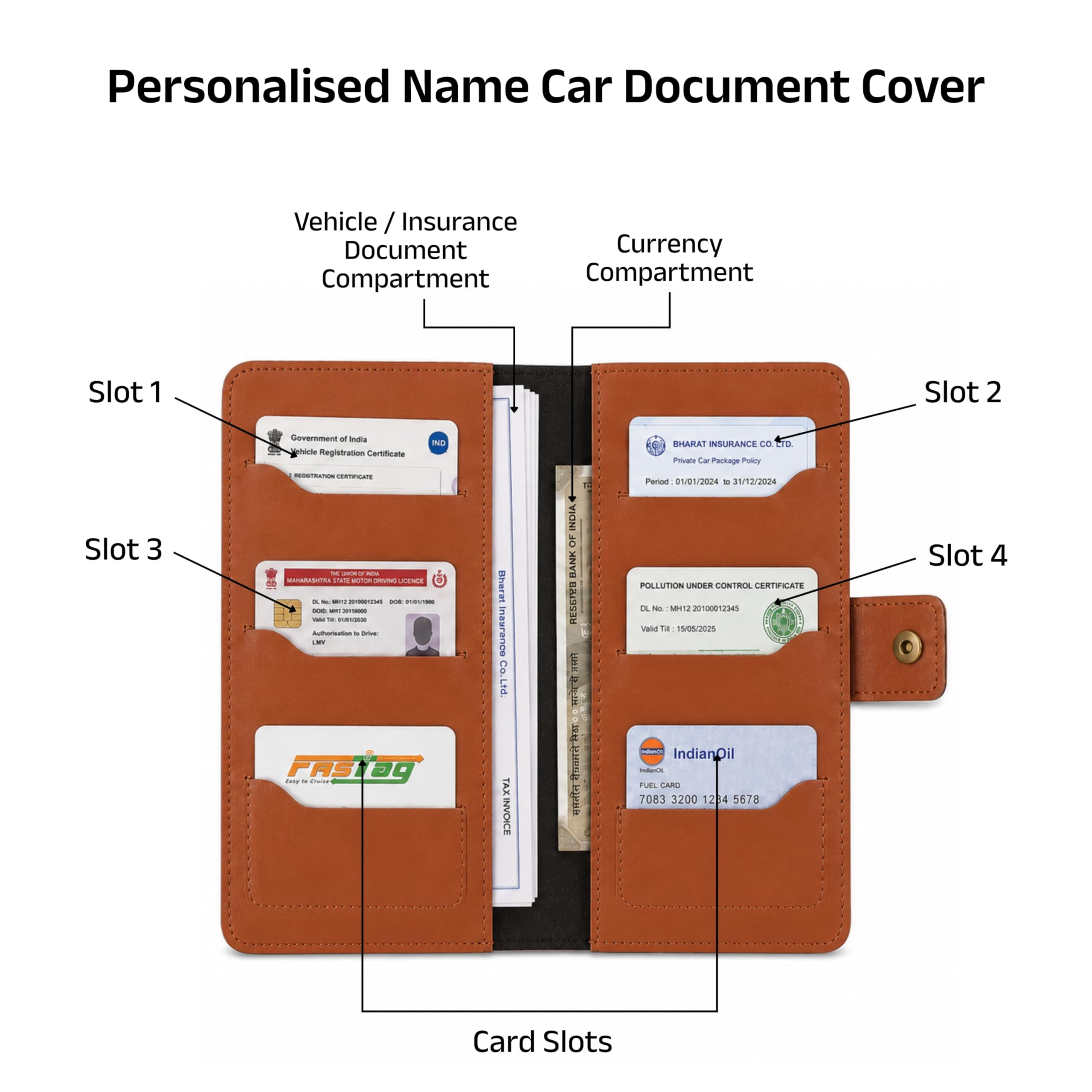 AICA Personalized Name & Charm Long Leather Car Document Holder with RC, Insurance Papers, Card Slots & Cash Compartment for Men & Women (Tanbrown)