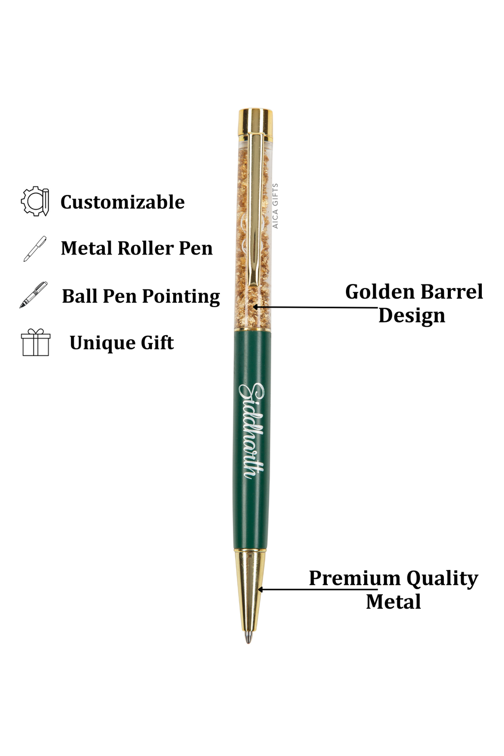 AICA Gifts Personalized Pens with Name Engraved I Golden Glitter Roller Ball Pen (Dark Green)