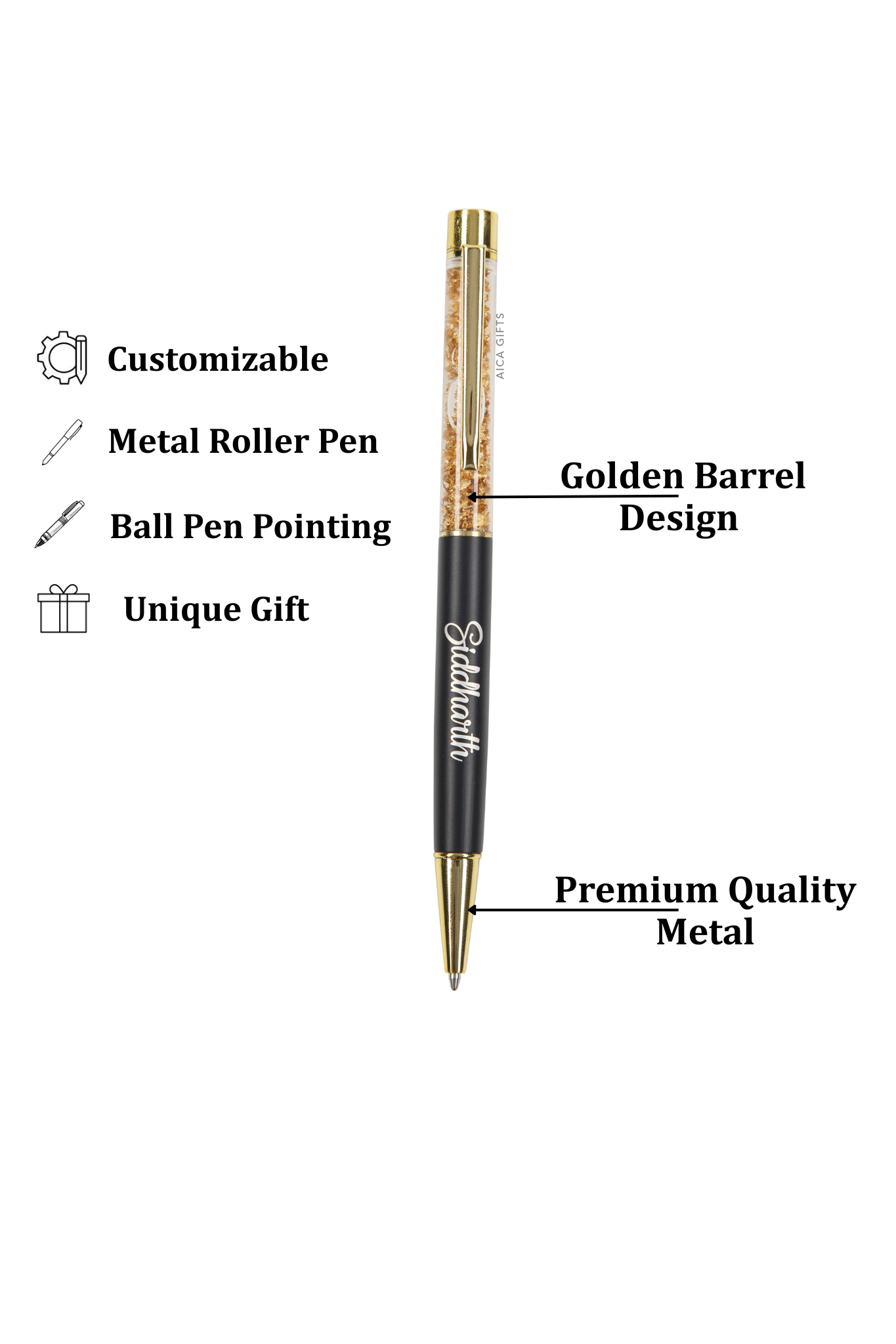 AICA Gifts Personalized Pens with Name Engraved I Golden Glitter (Black) Roller Ball Pen
