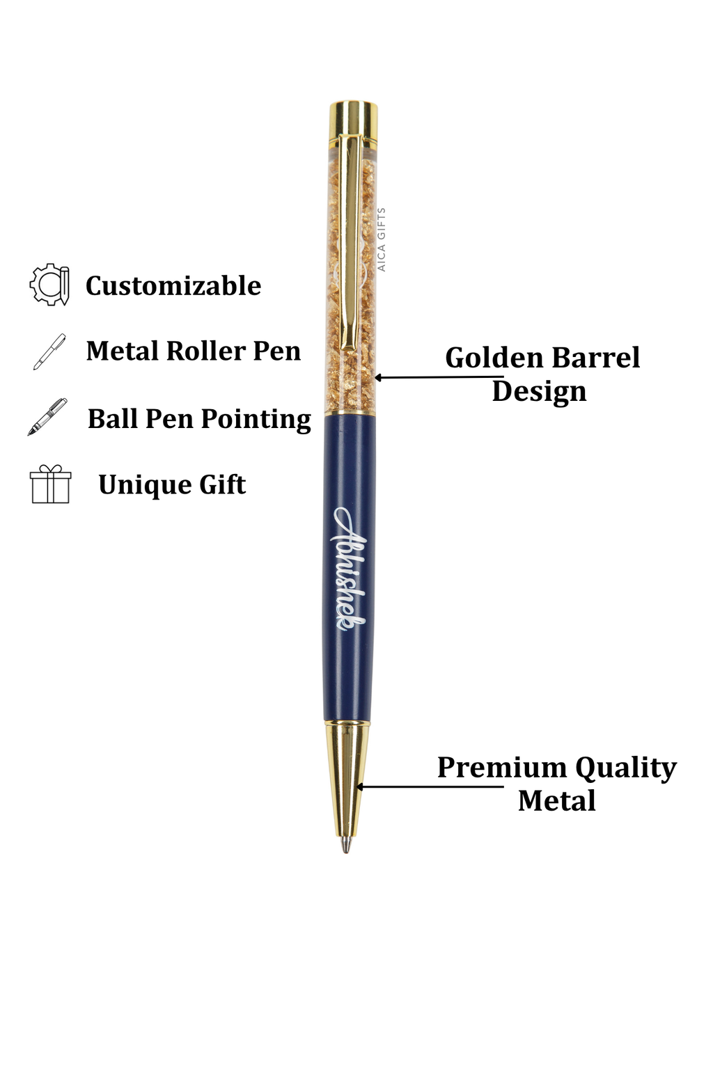 AICA Gifts Personalized Pens with Name Engraved I Golden Glitter Roller Ball Pen (Navy Blue)