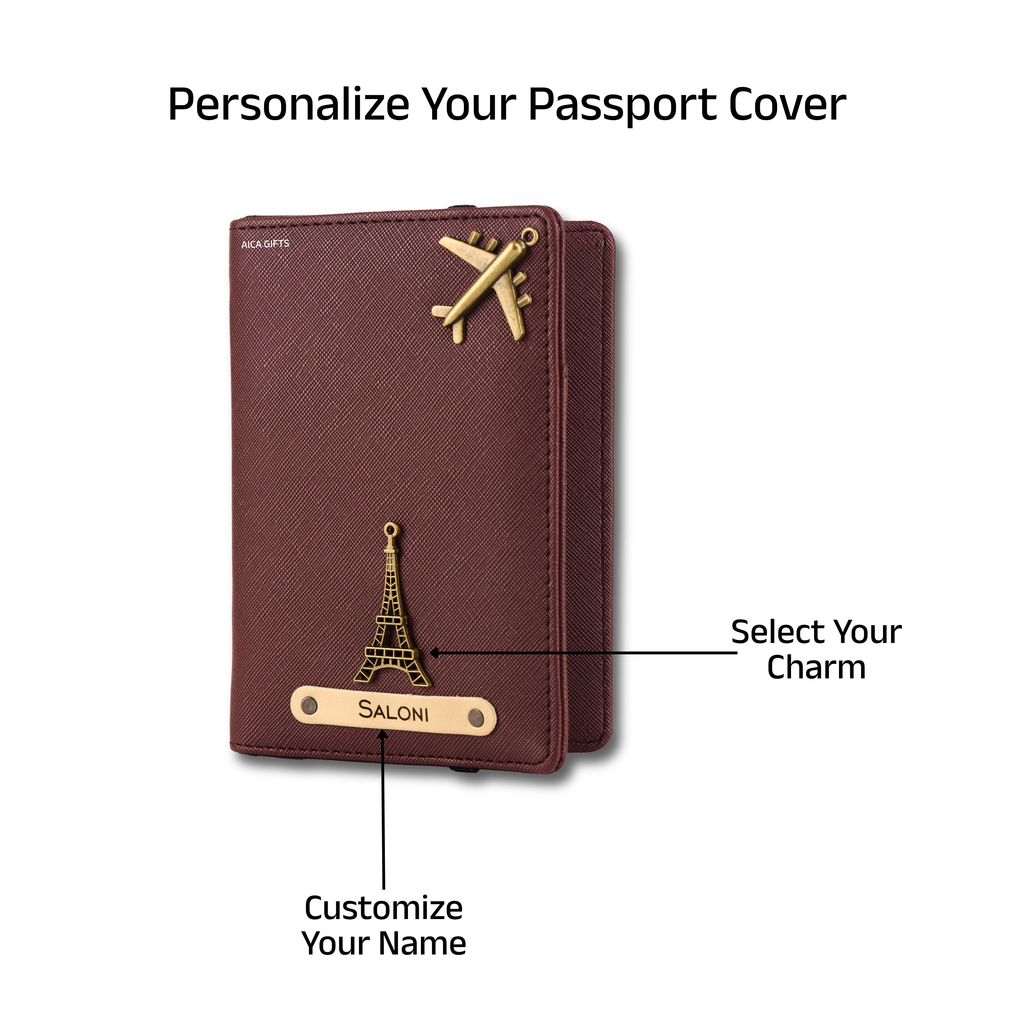 AICA Personalized Name & Charm Leather Passport Cover with 4 Card Slots, Secure Band & Boarding Pass Slot for Men & Women | Travel Passport Holder (Wine)