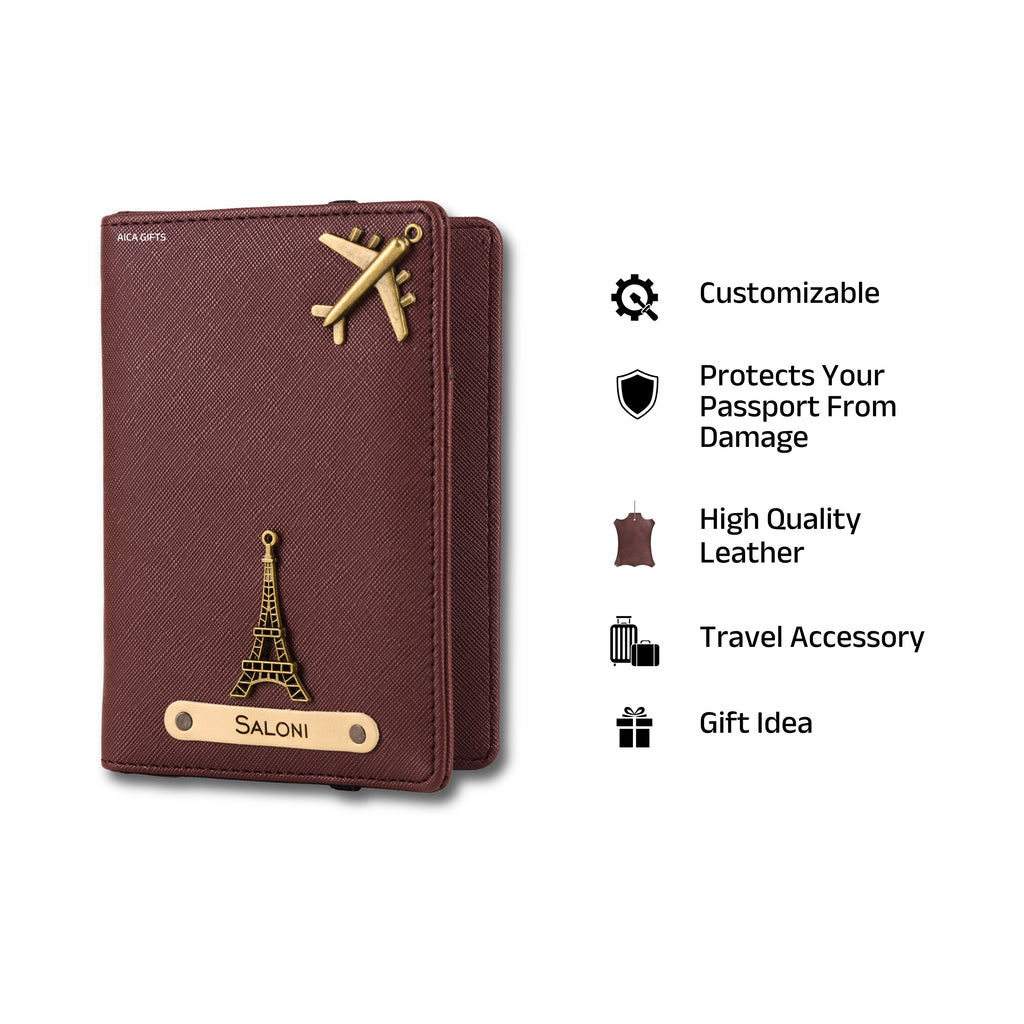 AICA Personalized Name & Charm Leather Passport Cover with 4 Card Slots, Secure Band & Boarding Pass Slot for Men & Women | Travel Passport Holder (Wine)