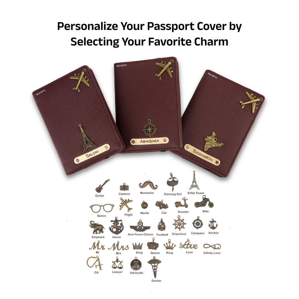 AICA Personalized Name & Charm Leather Passport Cover with 4 Card Slots, Secure Band & Boarding Pass Slot for Men & Women | Travel Passport Holder (Wine)