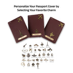 AICA Personalized Name & Charm Leather Passport Cover with 4 Card Slots, Secure Band & Boarding Pass Slot for Men & Women | Travel Passport Holder (Wine)