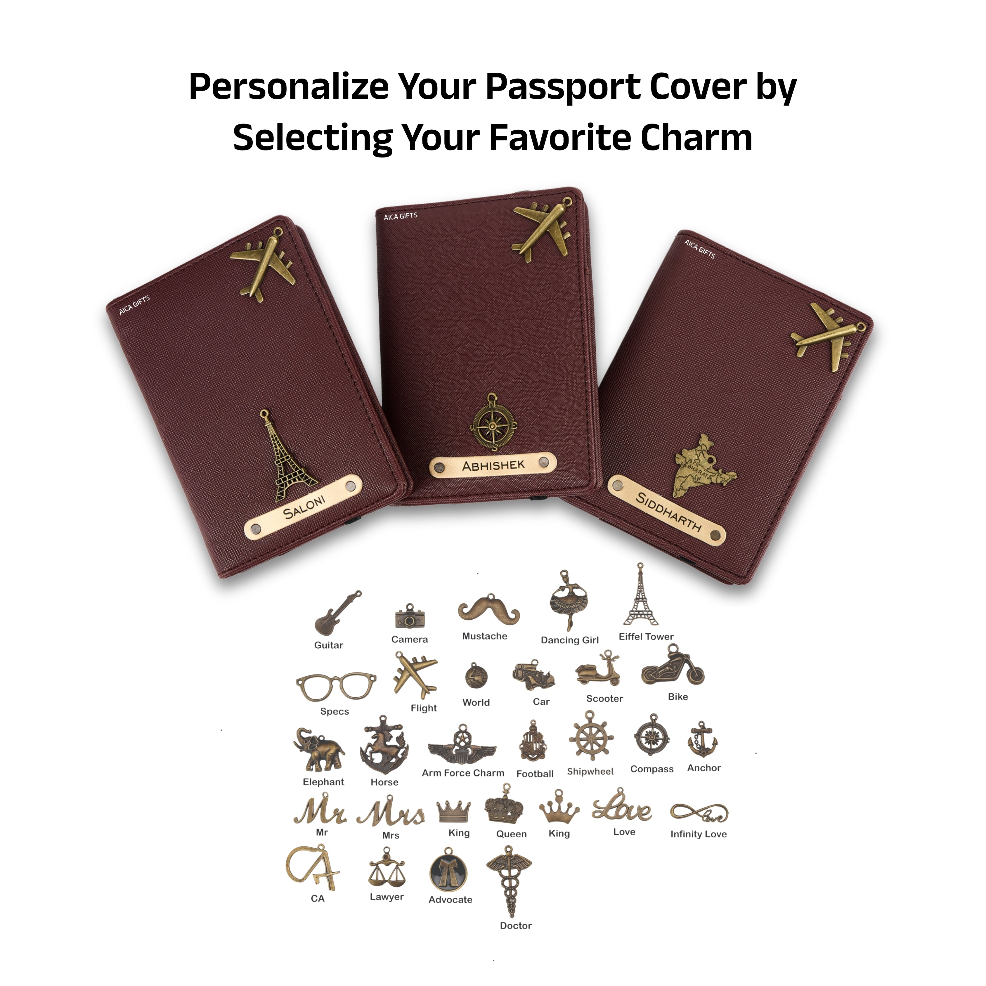 AICA Personalized Name & Charm Leather Passport Cover with 4 Card Slots, Secure Band & Boarding Pass Slot for Men & Women | Travel Passport Holder (Wine)