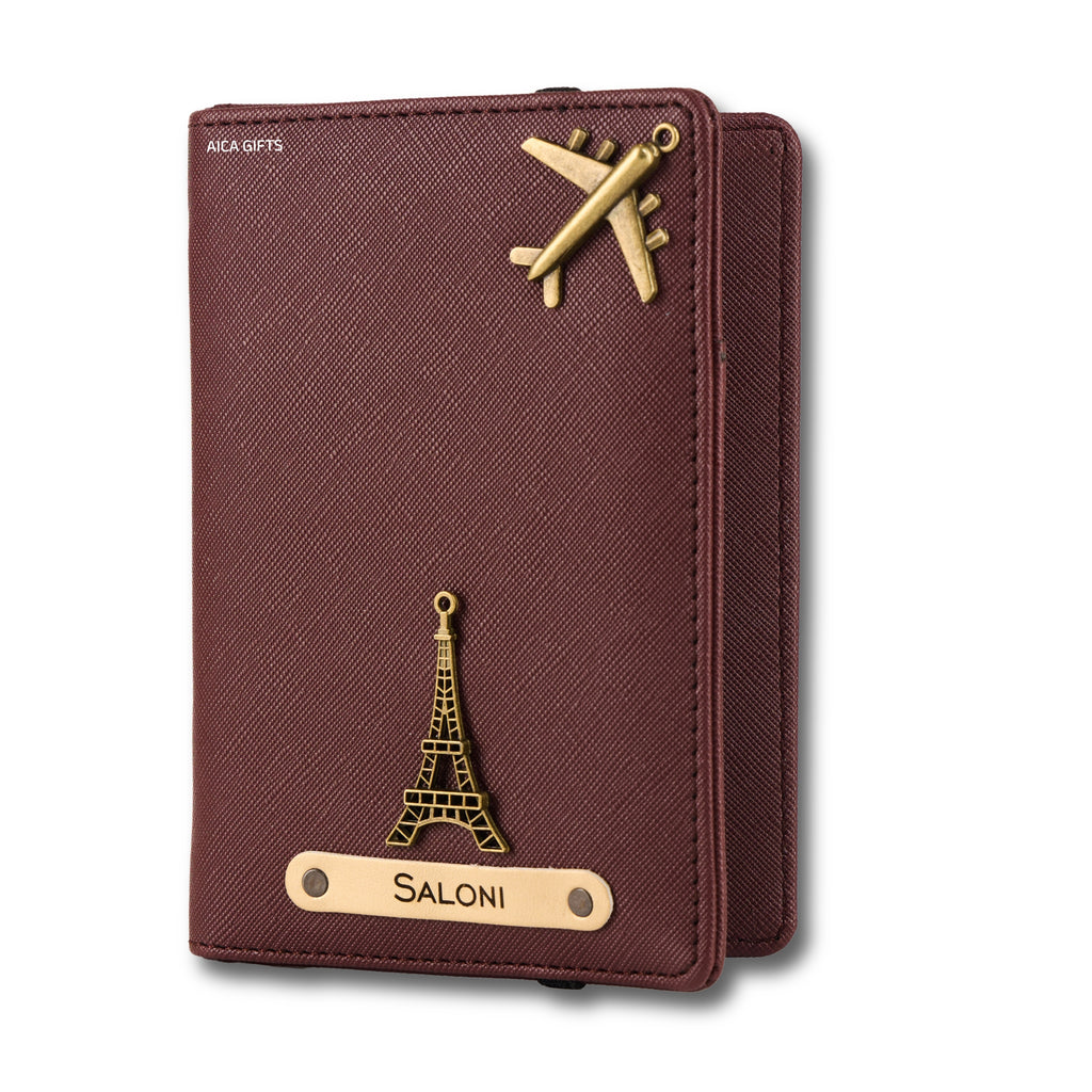 AICA Personalized Name & Charm Leather Passport Cover with 4 Card Slots, Secure Band & Boarding Pass Slot for Men & Women | Travel Passport Holder (Wine)