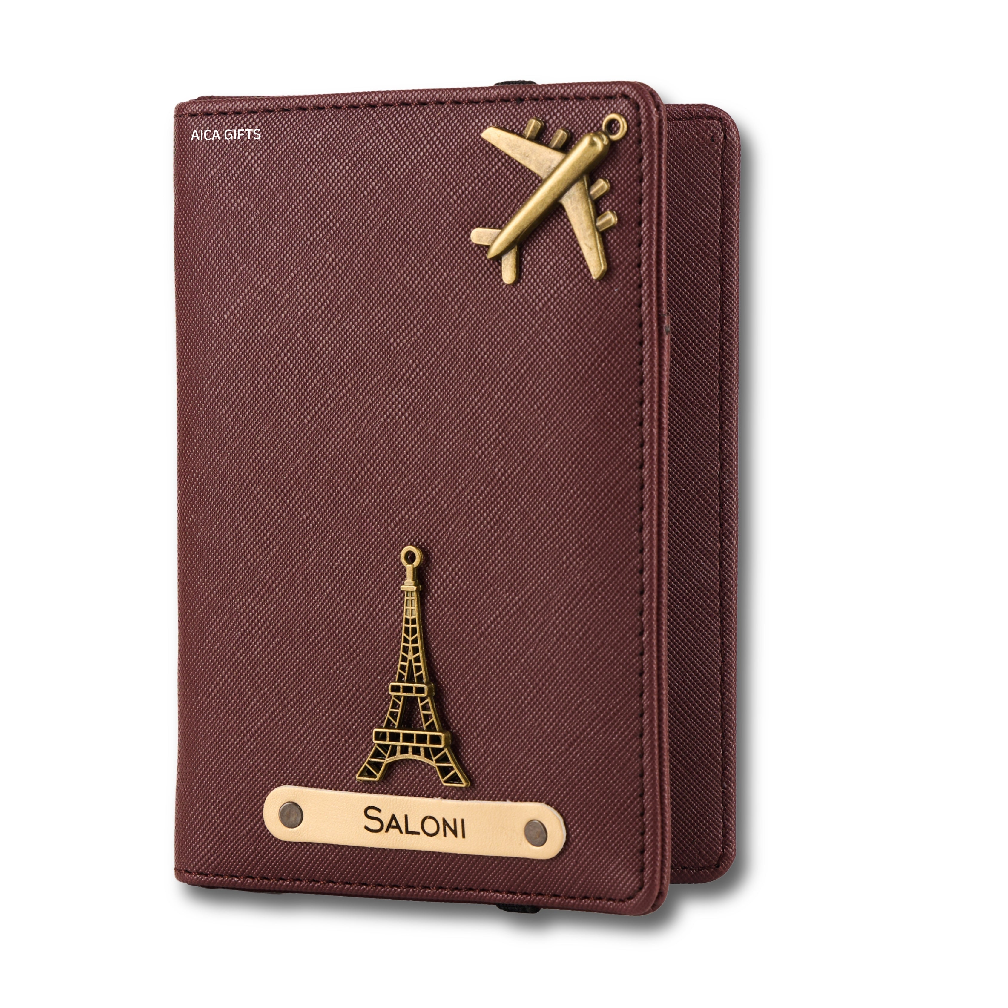AICA Personalized Name & Charm Leather Passport Cover with 4 Card Slots, Secure Band & Boarding Pass Slot for Men & Women | Travel Passport Holder (Wine)