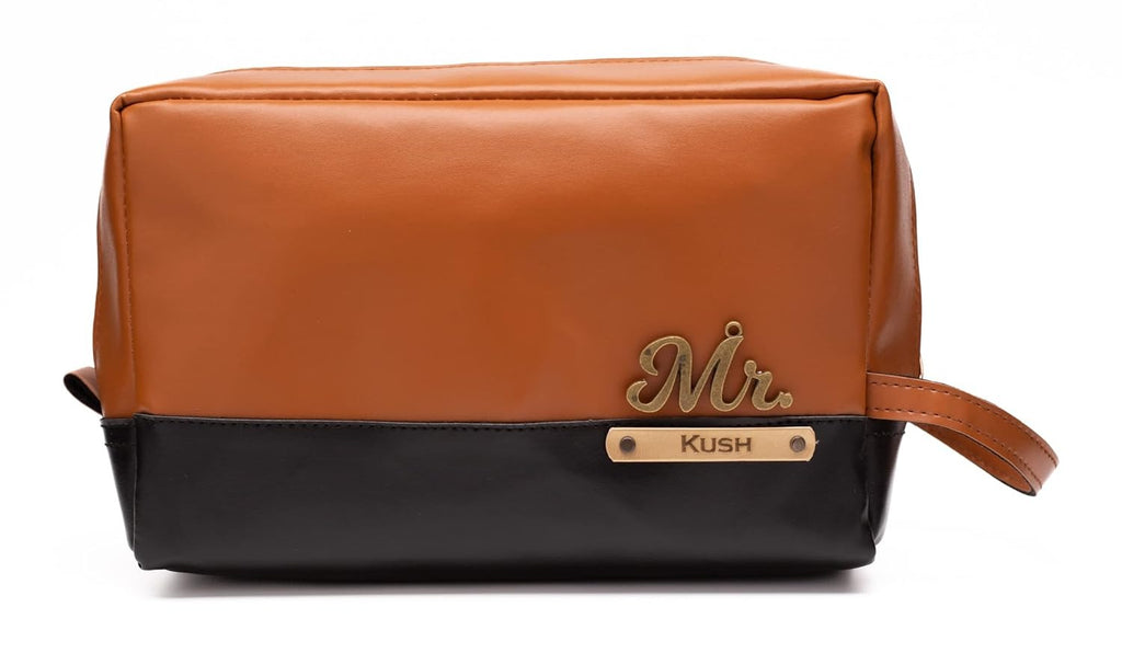 Personalized  Leather Dual Color - Toiletry Pouch  – TanBrown & Black
