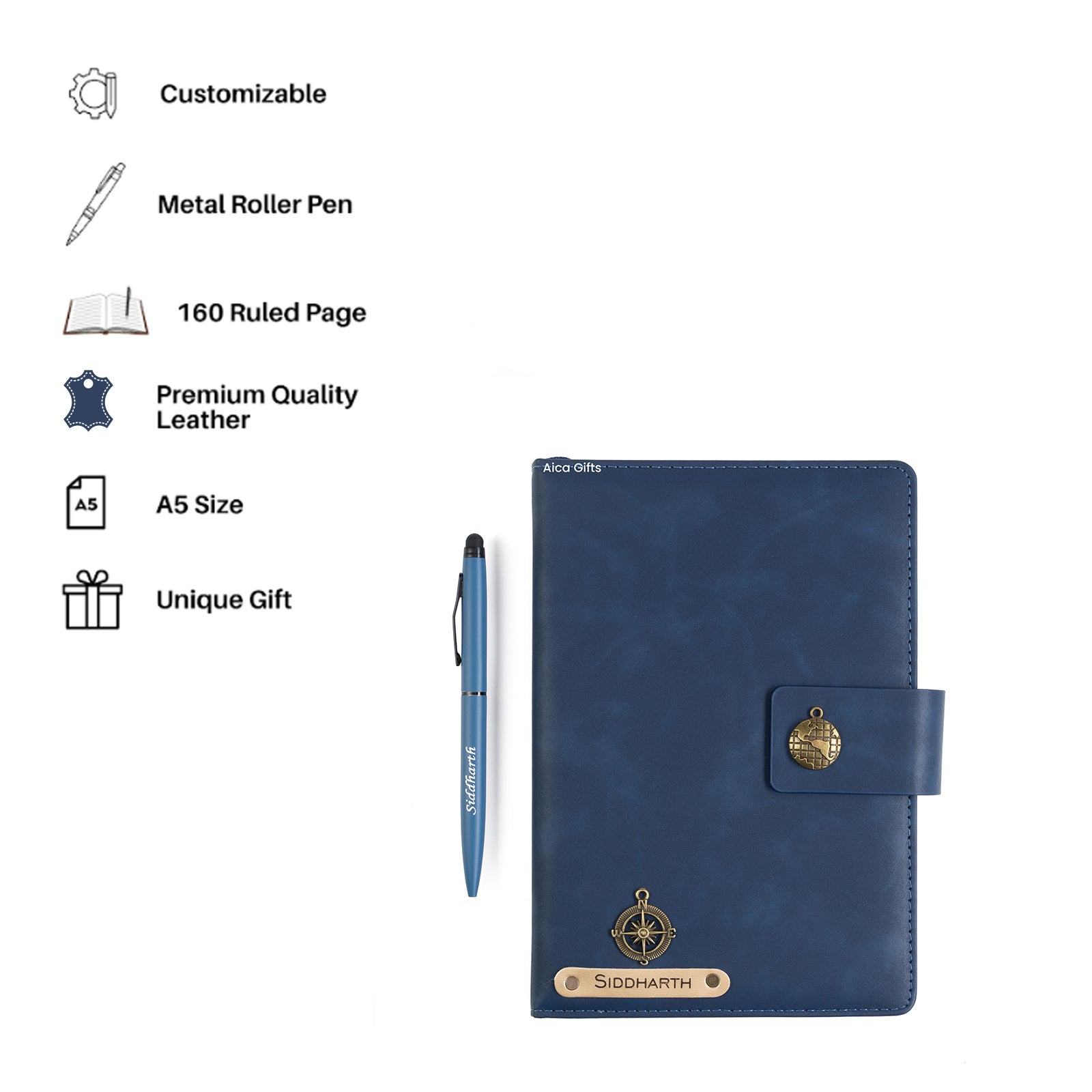 AICA Personalized Name & Charm Leather Magnetic Diary & Pen Combo (Navyblue)