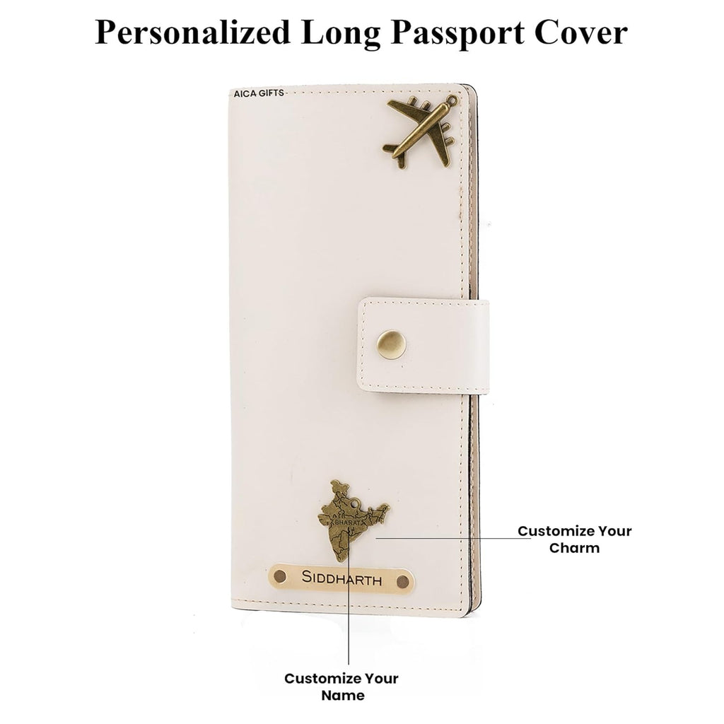 AICA Personalized Name & Charm Long Leather Wallet Passport Cover (Cream)
