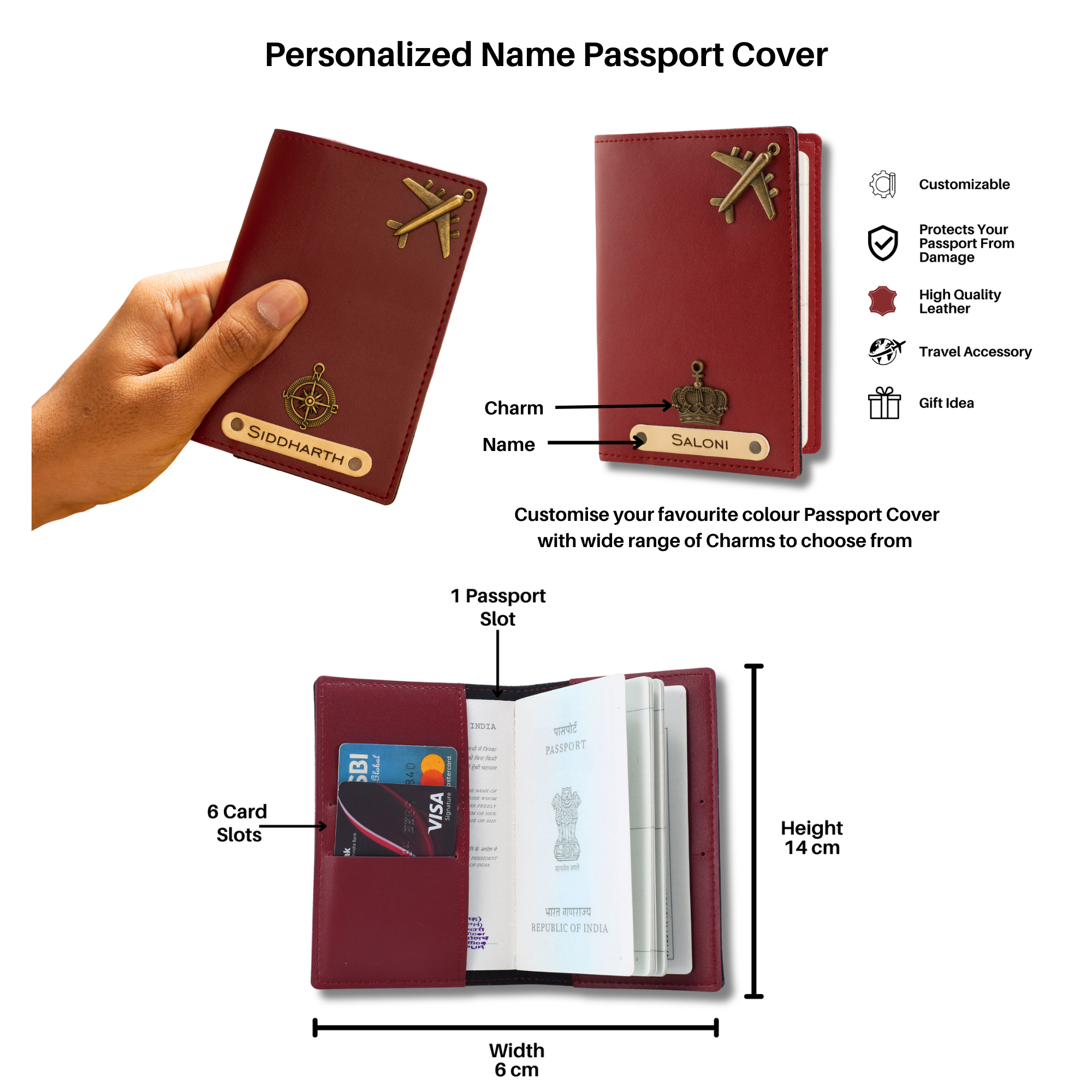 Aica Personalized Name & Charm Leather Men Combo (Wine)