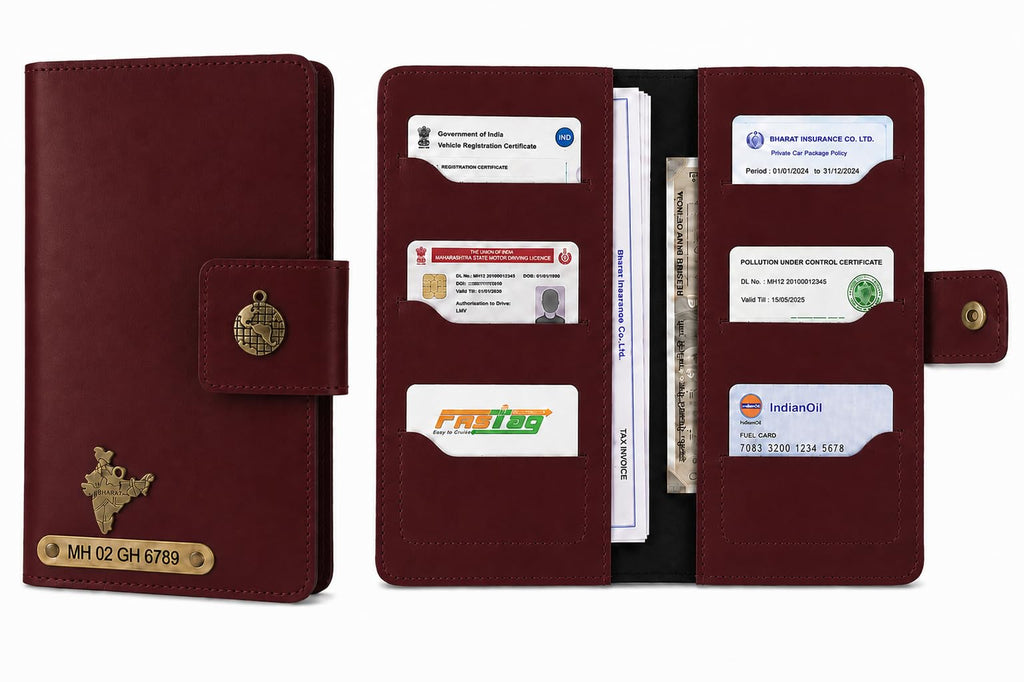 AICA Personalized Name & Charm Long Leather Car Document Holder with RC, Insurance Papers, Card Slots & Cash Compartment for Men & Women (Wine)
