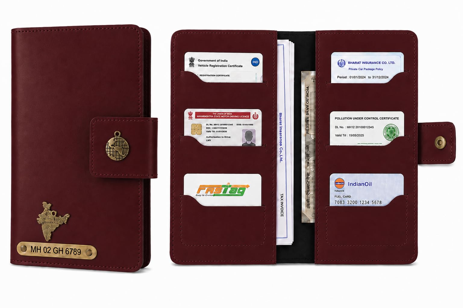 AICA Personalized Name & Charm Long Leather Car Document Holder with RC, Insurance Papers, Card Slots & Cash Compartment for Men & Women (Wine)
