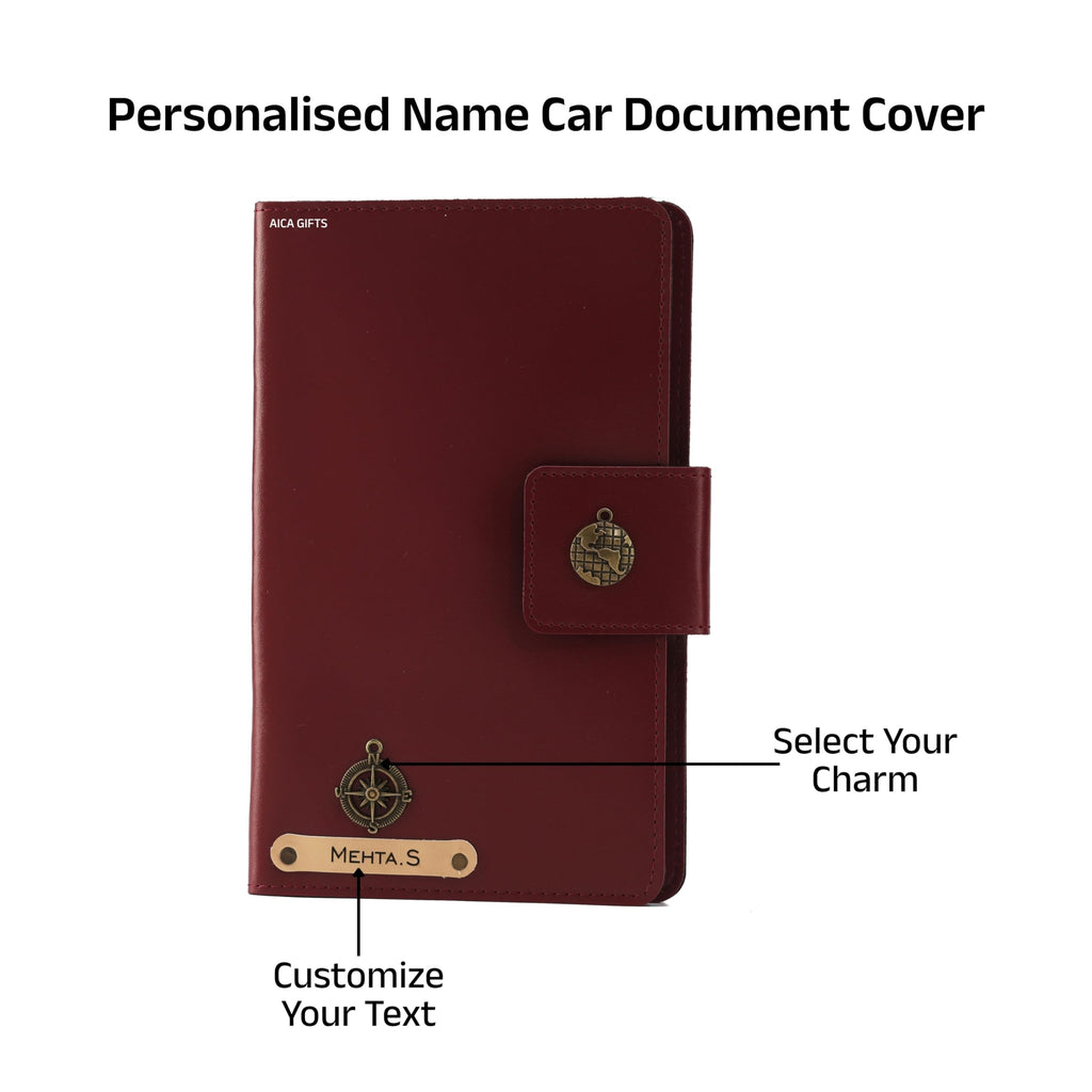 AICA Personalized Name & Charm Long Leather Car Document Holder with RC, Insurance Papers, Card Slots & Cash Compartment for Men & Women (Wine)