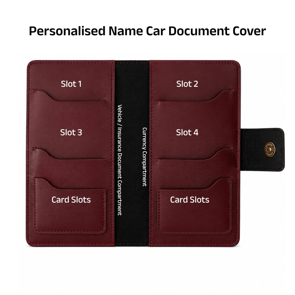 AICA Personalized Name & Charm Long Leather Car Document Holder with RC, Insurance Papers, Card Slots & Cash Compartment for Men & Women (Wine)