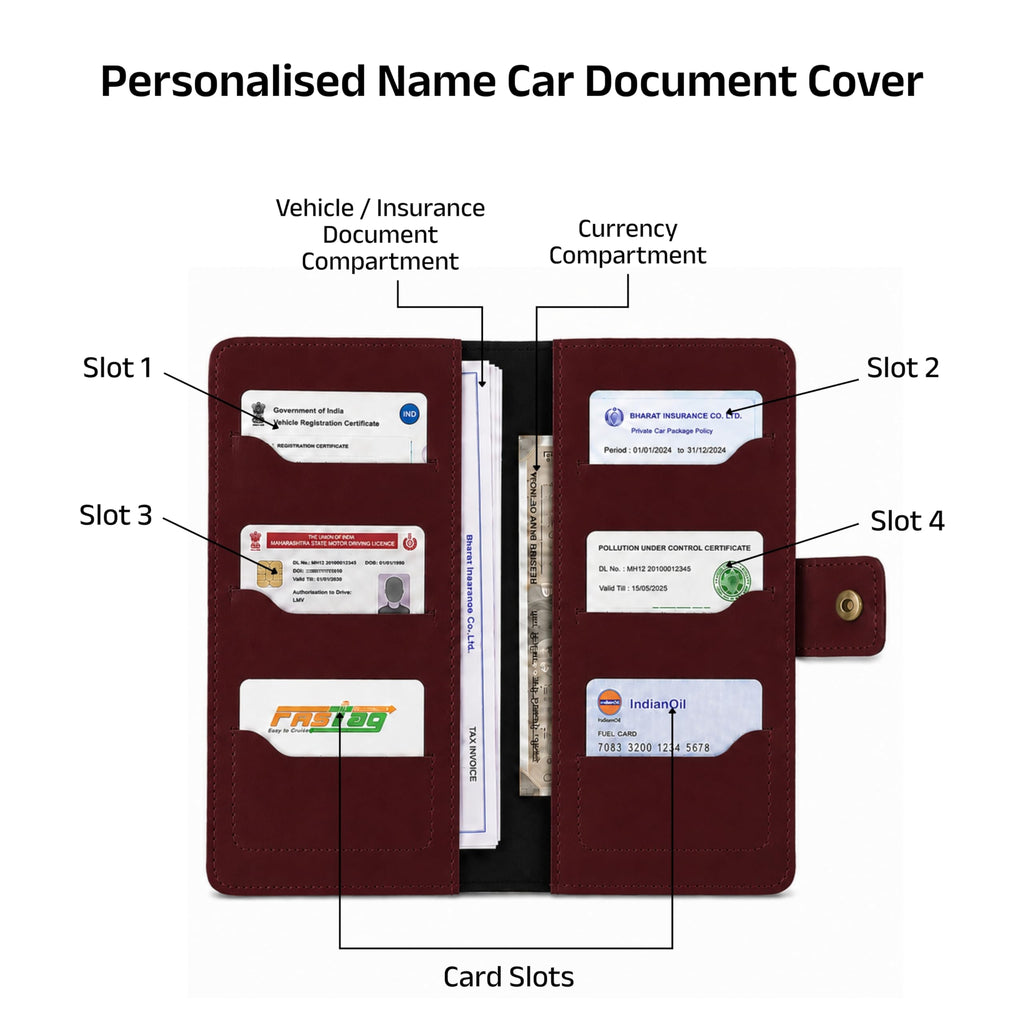 AICA Personalized Name & Charm Long Leather Car Document Holder with RC, Insurance Papers, Card Slots & Cash Compartment for Men & Women (Wine)