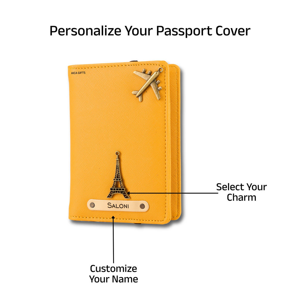 AICA Personalized Name & Charm Leather Passport Cover with 4 Card Slots, Secure Band & Boarding Pass Slot for Men & Women | Travel Passport Holder (Yellow)