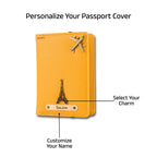 AICA Personalized Name & Charm Leather Passport Cover with 4 Card Slots, Secure Band & Boarding Pass Slot for Men & Women | Travel Passport Holder (Yellow)