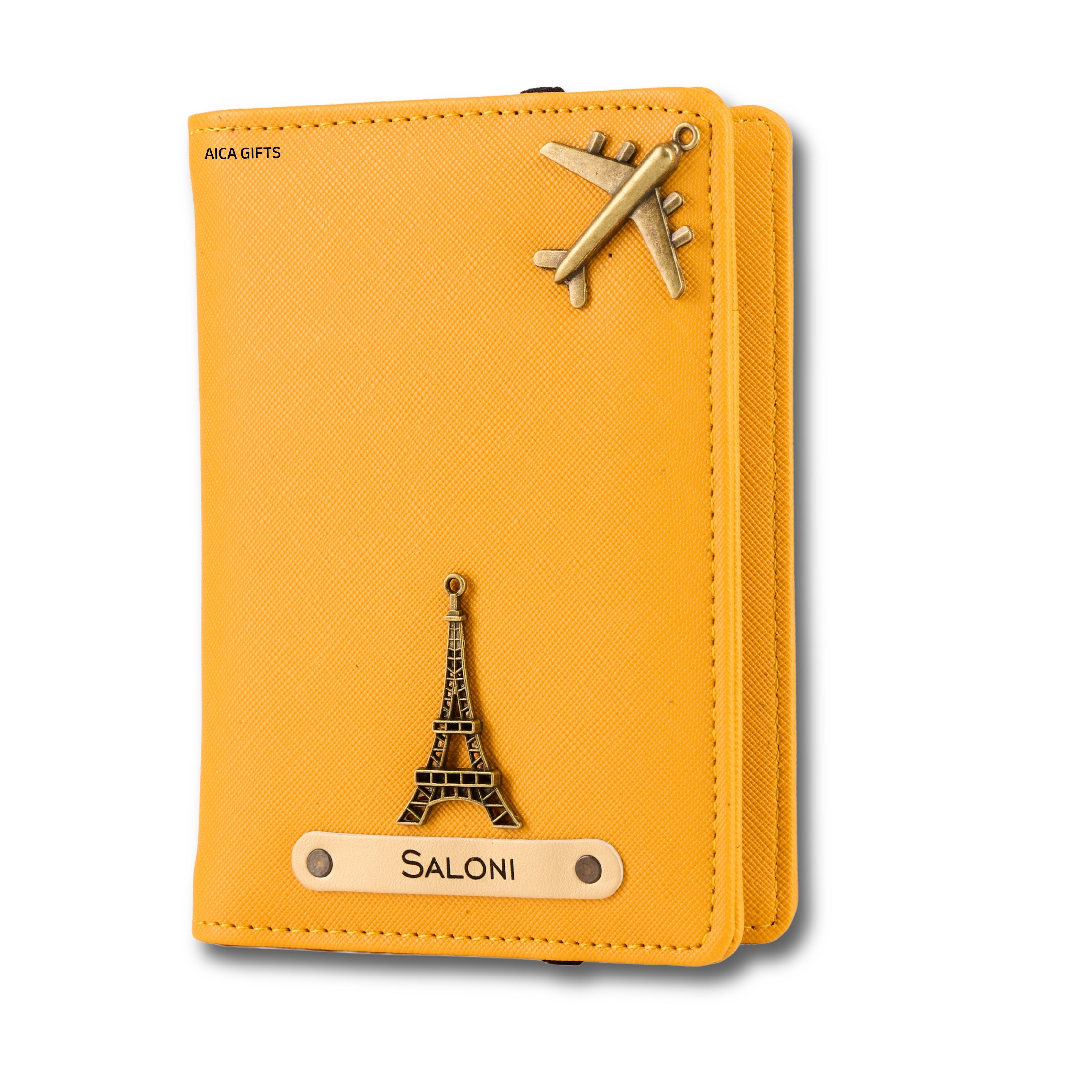 AICA Personalized Name & Charm Leather Passport Cover with 4 Card Slots, Secure Band & Boarding Pass Slot for Men & Women | Travel Passport Holder (Yellow)