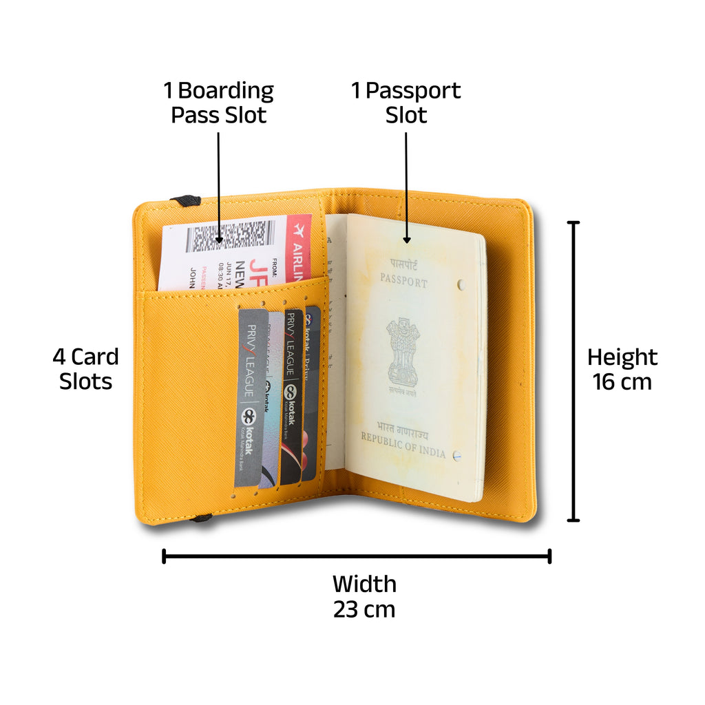 AICA Personalized Name & Charm Leather Passport Cover with 4 Card Slots, Secure Band & Boarding Pass Slot for Men & Women | Travel Passport Holder (Yellow)