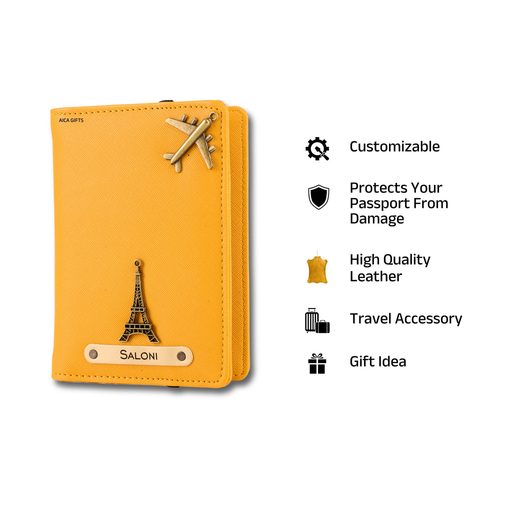 AICA Personalized Name & Charm Leather Passport Cover with 4 Card Slots, Secure Band & Boarding Pass Slot for Men & Women | Travel Passport Holder (Yellow)