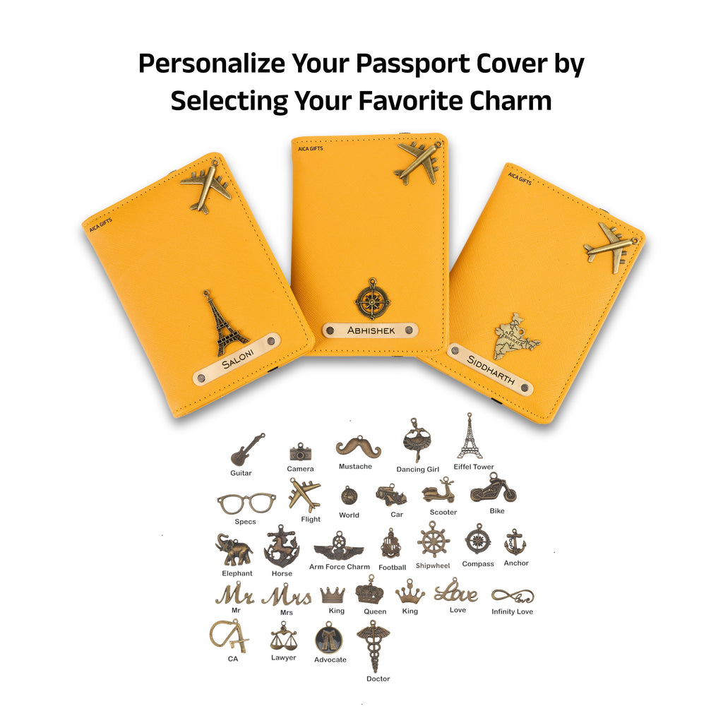 AICA Personalized Name & Charm Leather Passport Cover with 4 Card Slots, Secure Band & Boarding Pass Slot for Men & Women | Travel Passport Holder (Yellow)