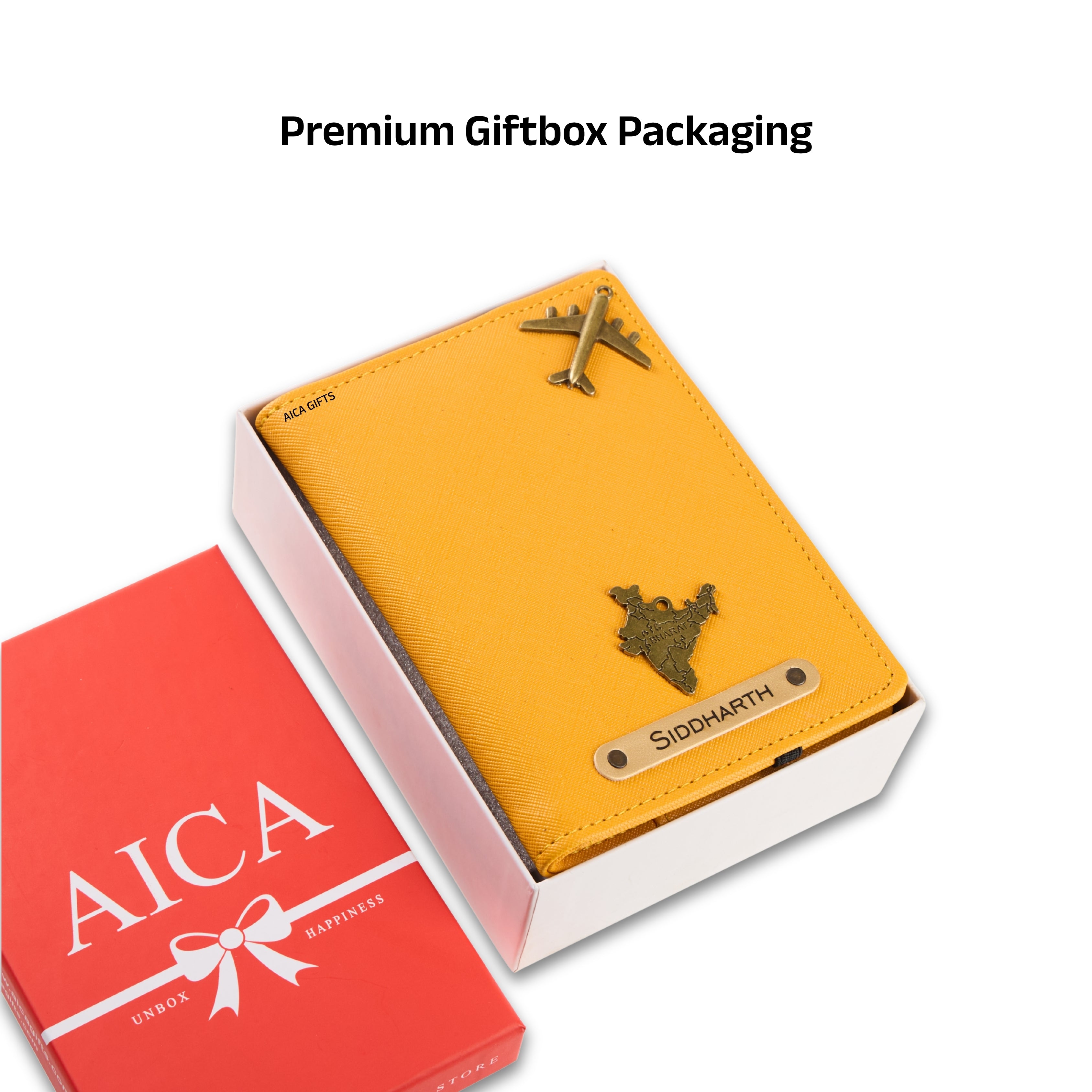 AICA Personalized Name & Charm Leather Passport Cover with 4 Card Slots, Secure Band & Boarding Pass Slot for Men & Women | Travel Passport Holder (Yellow)