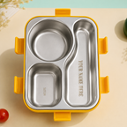 AICA Personalized Name Engraved 650 ML Stainless Steel Lunch Box for Kids | BPA Free | 3 Compartment Leakproof | Hidden Spoon Storage | Keeps Food Warm & Separate | Lunch Box for Boy & Girl (Yellow)