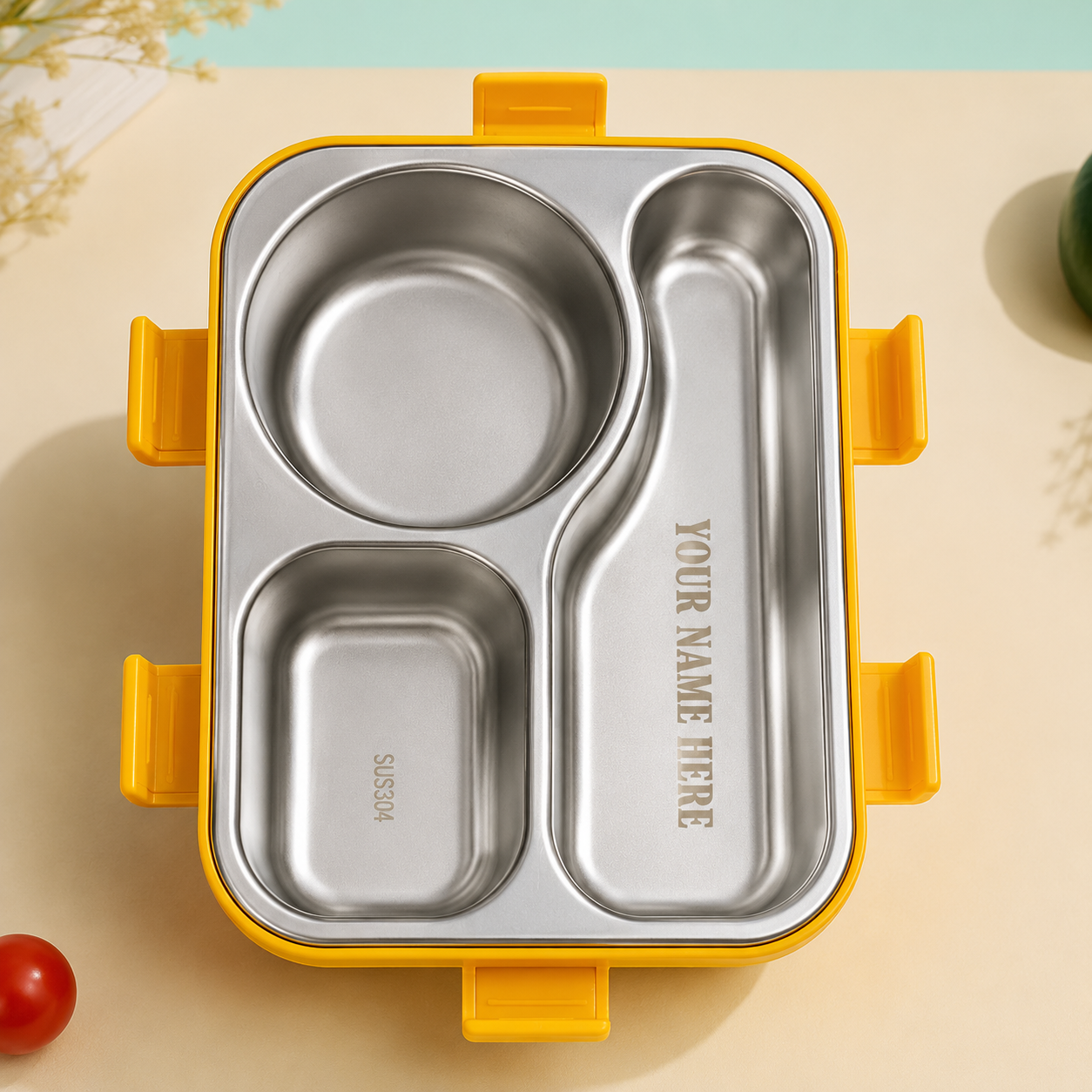 AICA Personalized Name Engraved 650 ML Stainless Steel Lunch Box for Kids | BPA Free | 3 Compartment Leakproof | Hidden Spoon Storage | Keeps Food Warm & Separate | Lunch Box for Boy & Girl (Yellow)