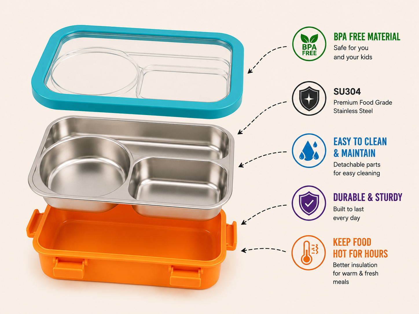AICA Personalized Name Engraved 650 ML Stainless Steel Lunch Box for Kids | BPA Free | 3 Compartment Leakproof | Hidden Spoon Storage | Keeps Food Warm & Separate | Lunch Box for Boy & Girl (Yellow)