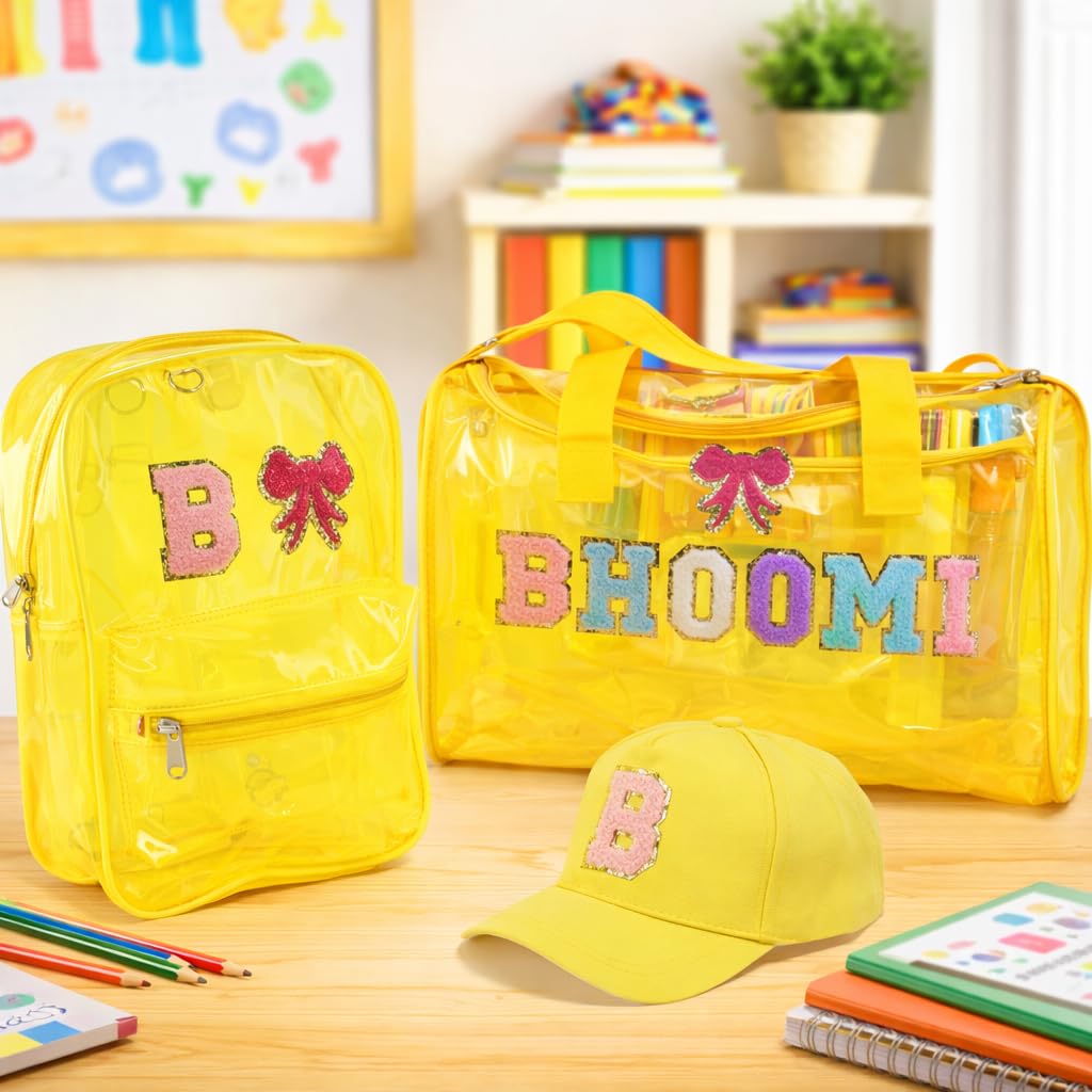 AICA Personalized Name Embroidered Letters & Patch PVC Bag & Cap Kids Combo Giftset (2-10 years) – Yellow| Stationery Items |Duffle Bags for Travelling |Birthday Gift for Kid |Return Gifts |School Kit