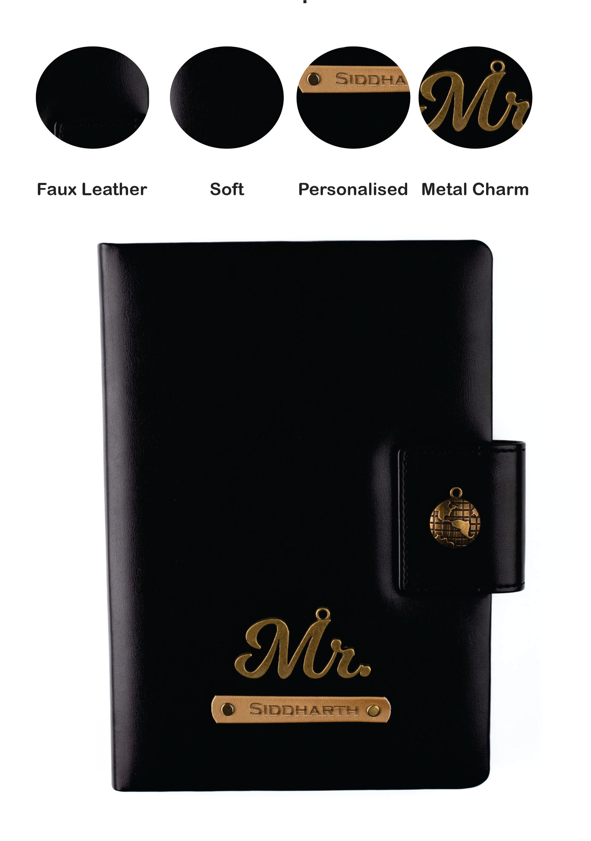 AICA Personalized Name & Charm Leather Notebook Diary -A5 Size, 200 Ruled Pages (Black)|Customized Christmas Secret Santa Daily Journal Diaries Diary Gifts for Men Women Friends Family Office Staff