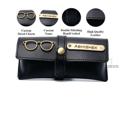 AICA Personalised Name & Charm Leather Sunglass Case Cover for Men & Women (Black)