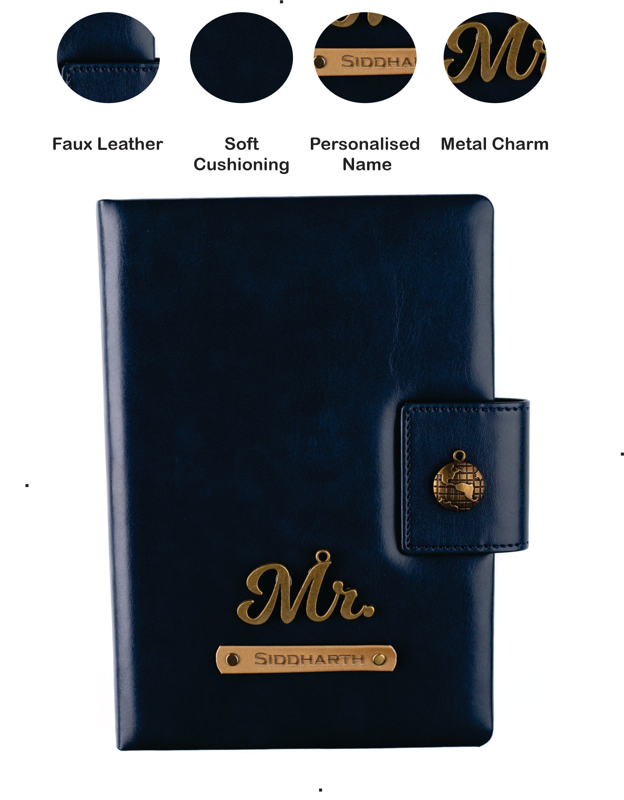Aica Personalized Name & Charm Leather Notebook Diary Organizer - A5 Size, 200 Ruled Pages (Navy Blue) for Men & Women | Customized Gift for Women Wife Mom Mother Sister | Journal for Personal Use