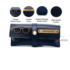 AICA Personalised Name & Charm Leather Sunglass Case Cover for Men & Women (Navy Blue)