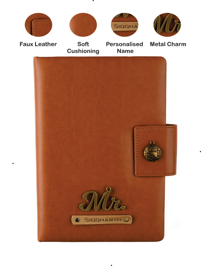 Aica Personalized Name & Charm Leather Notebook Diary - A5 Size 200 Ruled Pages (Tan Brown) for Men & Women | Customized Office Corporate Gift for Employees Clients Staff Colleague Retirement Farewell