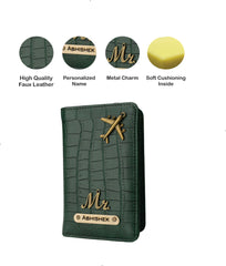 AICA Personalized Name & Charm Self –Textured Leather Passport Cover for Men & Women (DarkGreen)