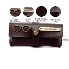 AICA Personalised Name & Charm Leather Sunglass Case Cover for Men & Women (Dark Brown)