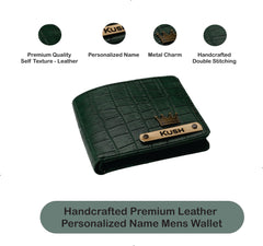 AICA Personalized Name & Charm Self – Textured Leather Mens Wallet (DarkGreen)