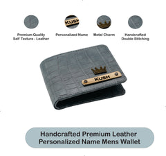 AICA Personalized Name & Charm Self – Textured Leather Mens Wallet (Dark Grey)