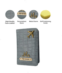 AICA Personalized Name & Charm Self –Textured Leather Passport Cover Holder for Men & Women (DarkGrey)