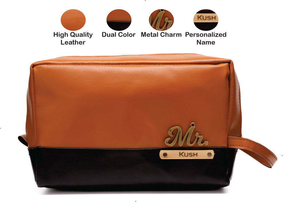 Personalized  Leather Dual Color - Toiletry Pouch  – TanBrown & Black