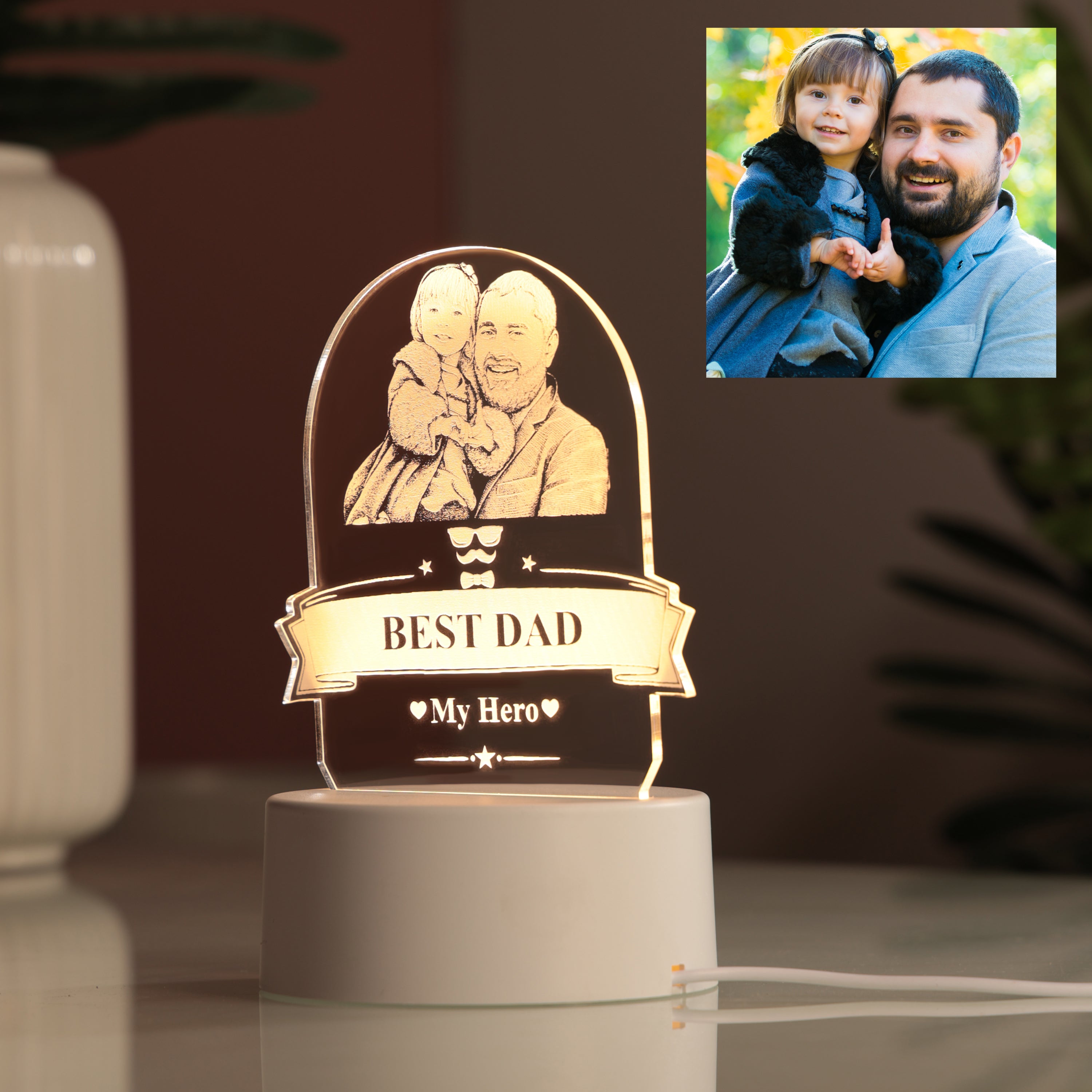 AICA Best Dad – Personalized Photo LED Lamp with Customised Message | Anniversary Birthday Marriage Gift for Dad Father Daddy Father in law | Fathers Day Gift