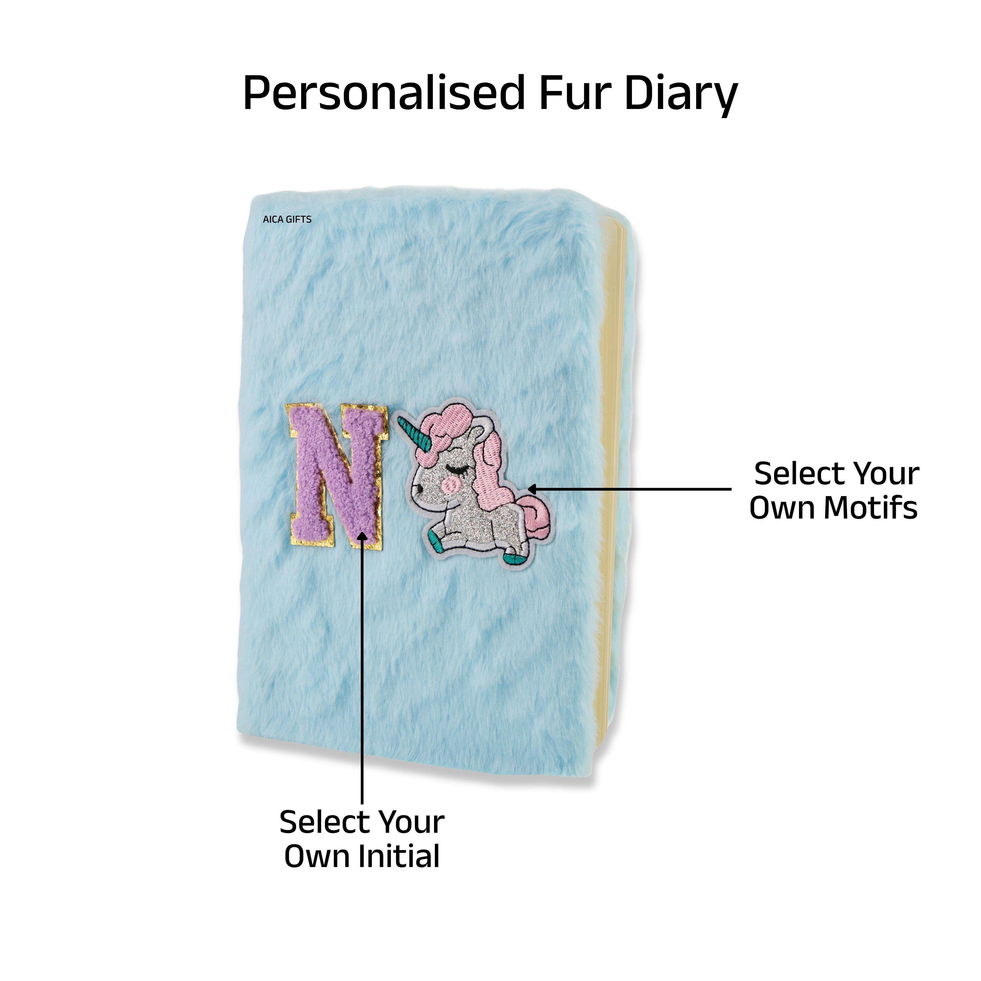 AICA Personalized Embroidery Patch Name Soft Fur Diary A5 Size 160 Pages (Babyblue) For Girls & Boys|Customized Cute Plush Personal Journal | Diary for Girls Aesthetic | Diary for Kids| Gifts for Boys