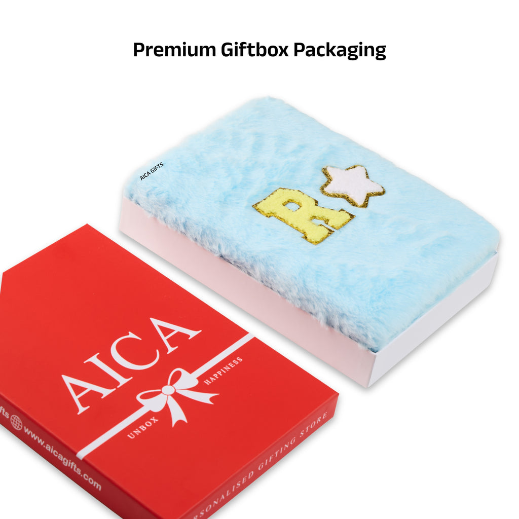 AICA Personalized Embroidery Patch Name Soft Fur Diary A5 Size 160 Pages (Babyblue) For Girls & Boys|Customized Cute Plush Personal Journal | Diary for Girls Aesthetic | Diary for Kids| Gifts for Boys