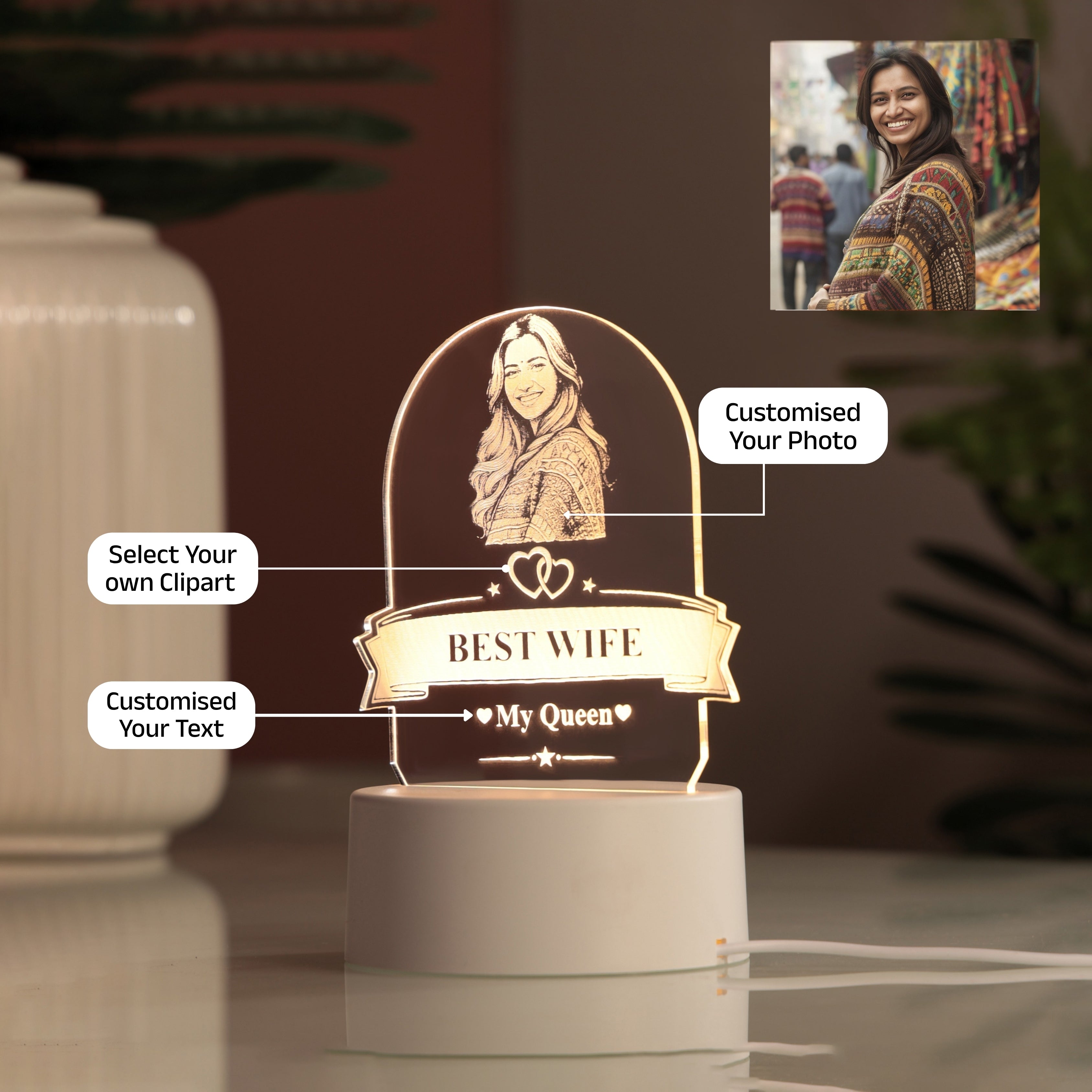 AICA Best Wife – Personalized Photo LED Lamp with Customised Message | Gift for Wife | Anniversary Birthday Marriage Gifts for Wife